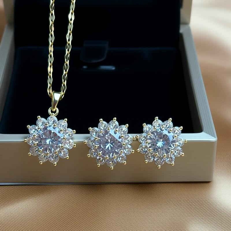 طقم نسائي فاخر مصنوع من النحاس عالي الجودة  يتكوّن من قلادة أنيقة عند الترقوة + أقراط فاخرة مرصعة بزركون