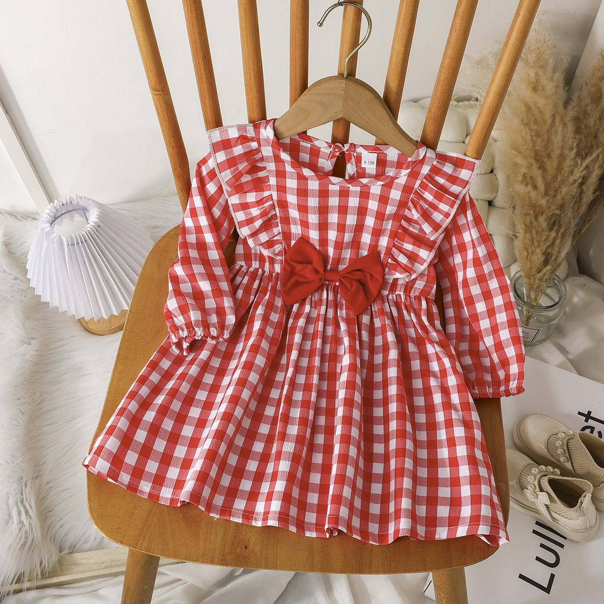 فستان بناتي أنيق للأطفال ، بتصميم كارو أنثوي جميل مناسب لخريف وشتاء ، مزين بفيونكة وكشكش لطيف