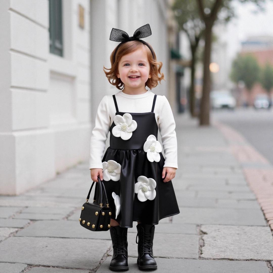 طقم فستان بناتي شتوي (قميص بأكمام طويلة + فستان جلد بزهرة ثلاثية الأبعاد)