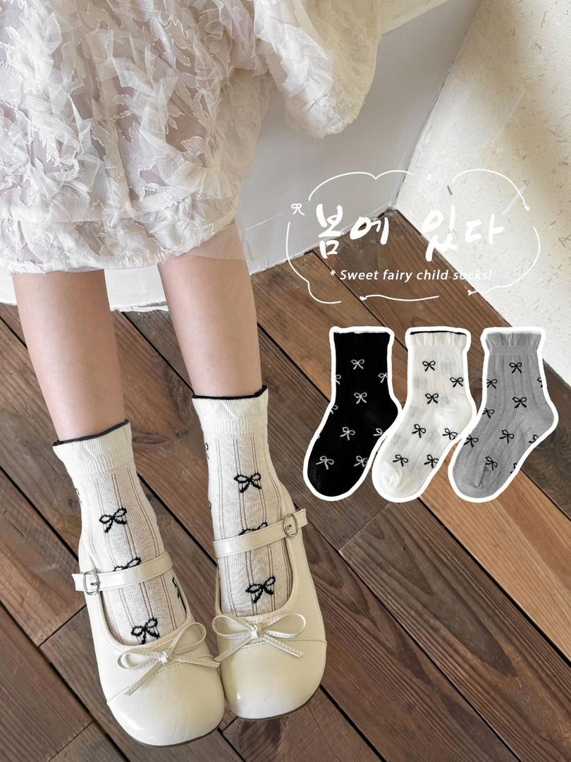 جوارب ( 3 قطع )أطفال كورية قطنية خريفية شتوية مزينة بدانتيل وشرائط فراشة