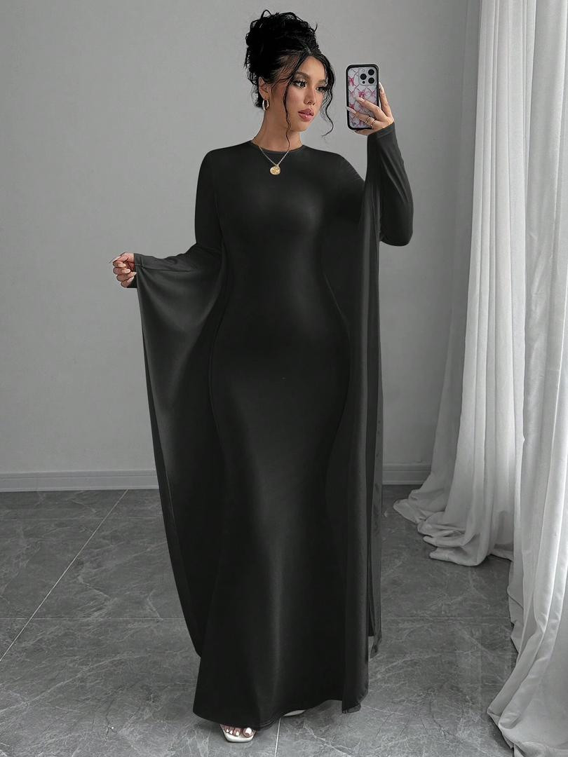 فستان نسائي أنيق طويل بأكمام واسعة (ستايل أوروبي أمريكي، لون سادة، ياقة دائرية)