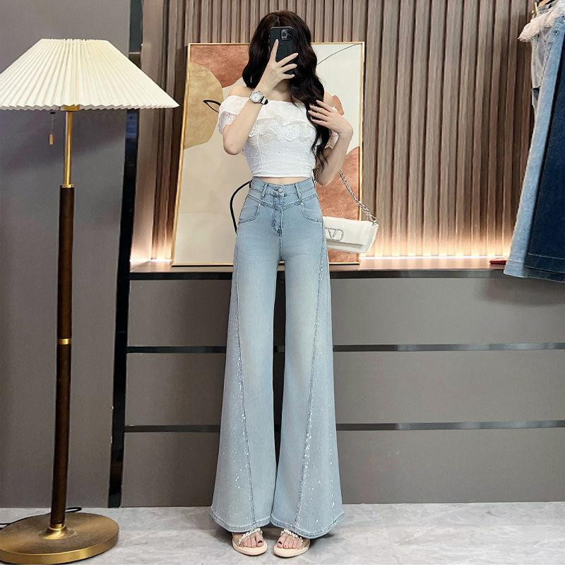 بنطلون جينز نسائي واسع الساق (قَصّة شارلستون)، مزين بالكريستال، ربيع وصيف 2025، ستايل عصري للبنات، تصميم كاجوال متنوع ومواكب للموضة، قصة مستقيمة