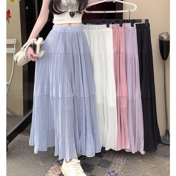 تنورة طويلة مطوية صيف 2025 (عالية الخصر، بليسيه طبقات كيك