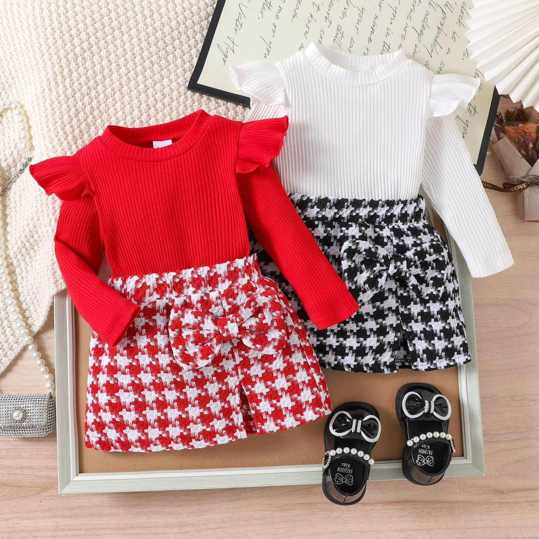 طقم بناتي شتوي أنيق تنورة كارو وألوان جذابة