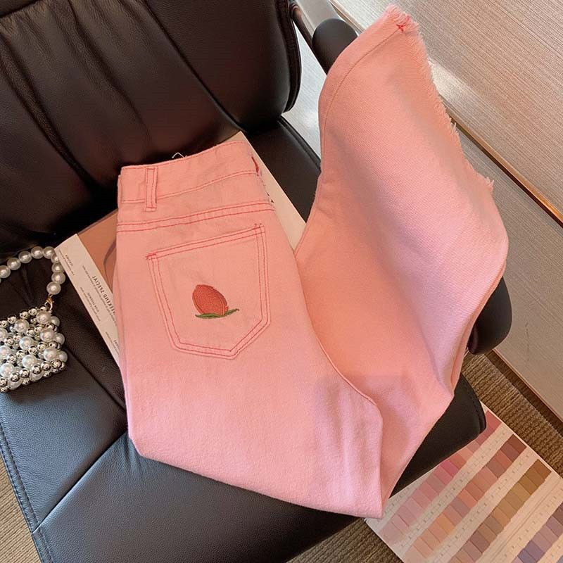 بنطال دنيم بناتي بقطعة خوخ مطرزة