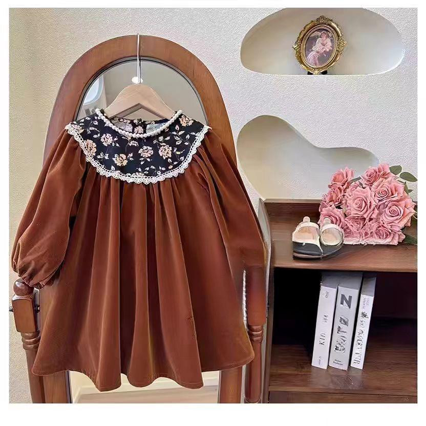 فستان بناتي بأكمام طويلة من المخمل بتصميم زهري أنيق فستان أميرات بطراز كلاسيكي فاخر يناسب فصلي الربيع والخريف بإطلالة ناعمة