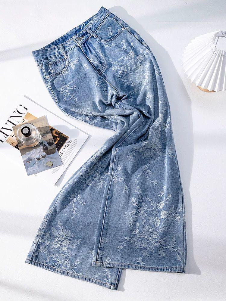 بنطلون جينز نسائي واسع الساق بنقشة عصرية