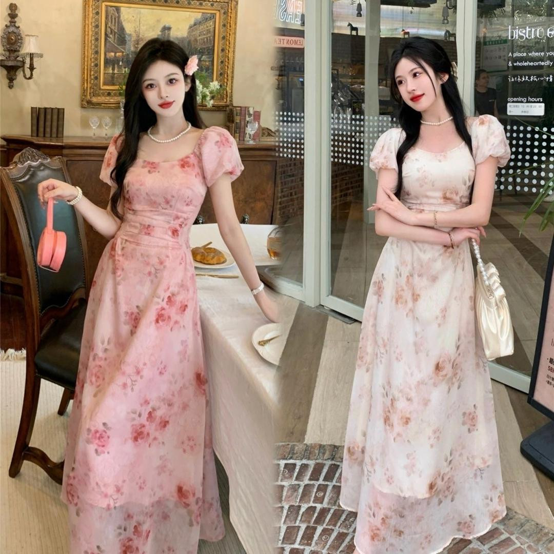 فستان نسائي صيفي، ستايل فرنسي، ياقة مربعة، بأكمام قصيرة، مطبوع بالزهور، يخفي عيوب الجسم، ستايل أنثوي أنيق