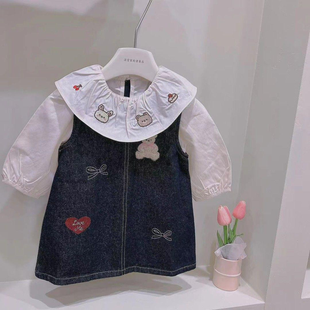 فستان جينز للبنات الصغيرات بتصميم كوري أنيق، مزين بتطريز دب لطيف