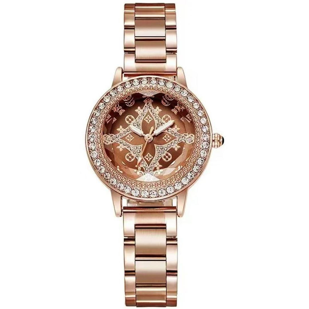 ساعة نسائية أنيقة بتصميم كلاسيكي راقٍ بواجهة مستوحاة من السماء المرصعة بالنجوم