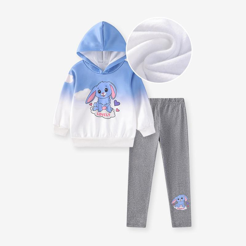 طقم بناتي لشتاء الخريف – طقم أطفال بغطاء رأس لطيف – طقم دافئ ببطانة فرو – ملابس كرتونية للبنات