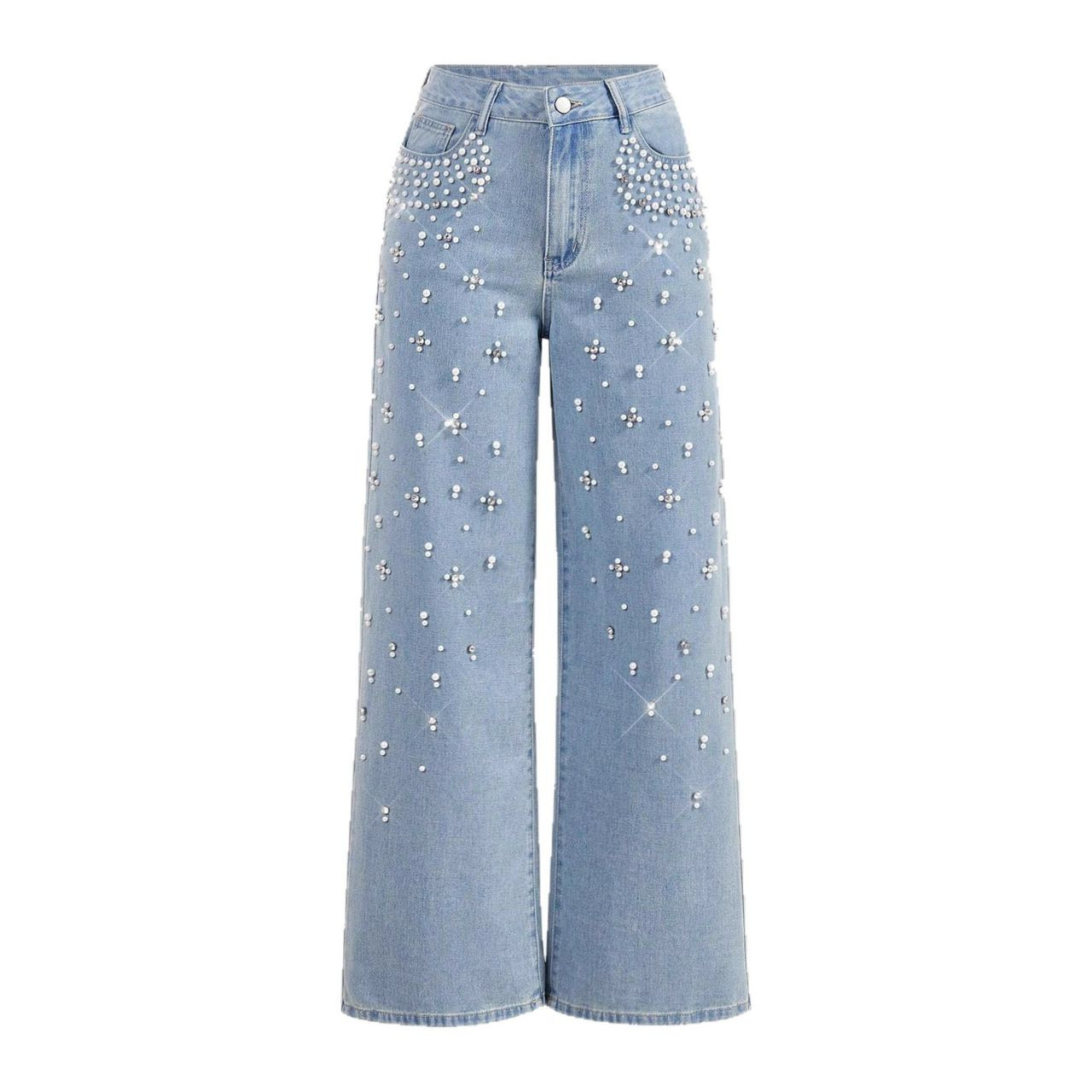 بنطال جينز نسائي واسع بقَصّة مستقيمة، تصميم أوروبي وأمريكي عصري، مزين بحبات لؤلؤ