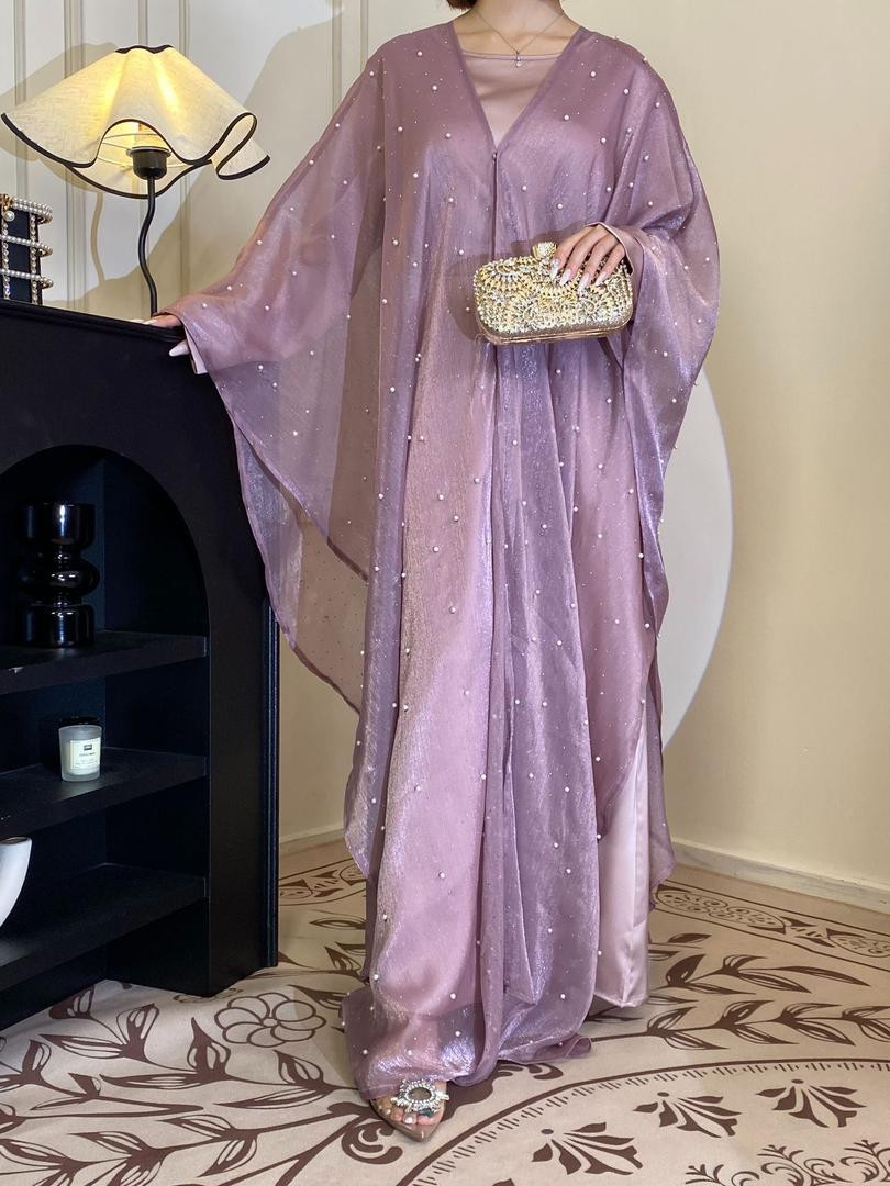 فستان عباءة نسائي أنيق بتصميم خليجي مطرز بخرز ولؤلؤ (عباية نجوم لامعة)
