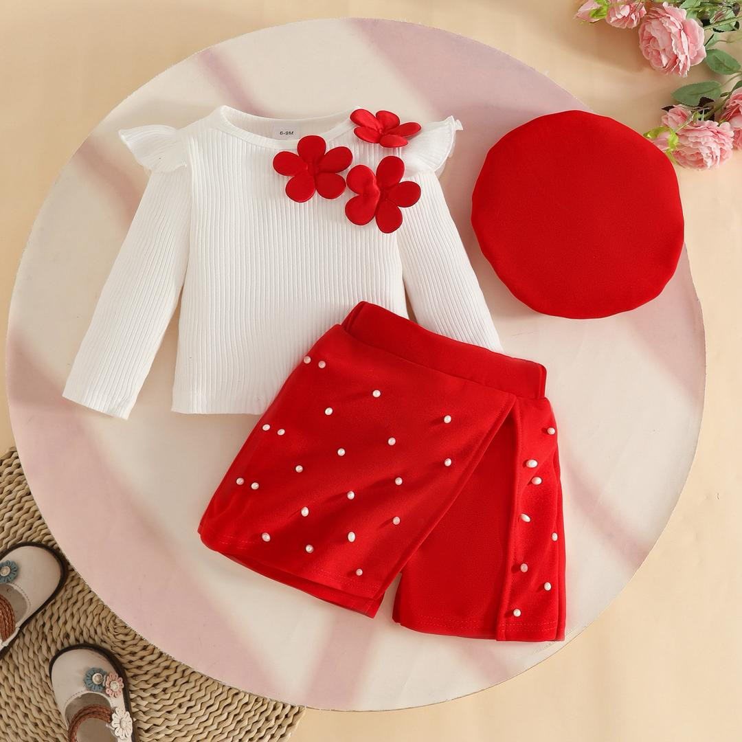 طقم بناتي شتوي(بلوزة طويلة الأكمام مزينة بزهور + تنورة مرصعة بالخرز + قبعة بيريه)